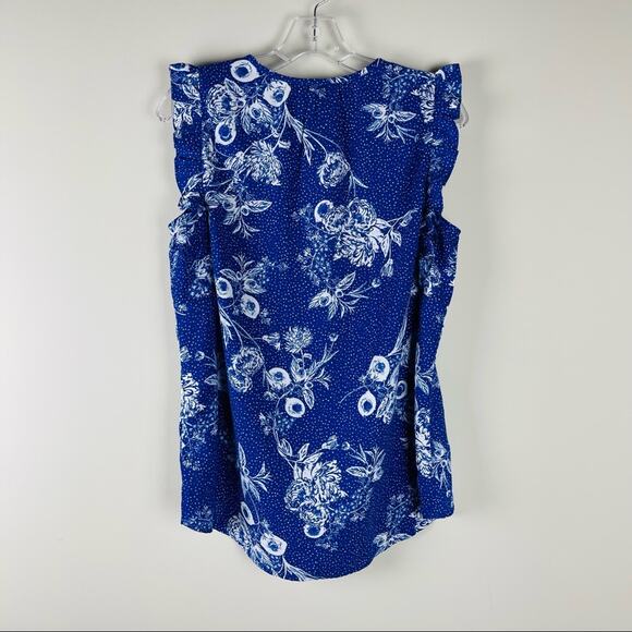 Kaari Blue white floral dot ruffle cottagecore office tank top medium - Picture 6 of 8